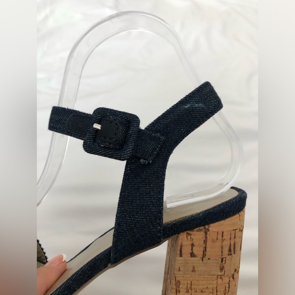 NWOB Nine West denim cork chunky heel platform with sequins and beaded accents. - Picture 13 of 14